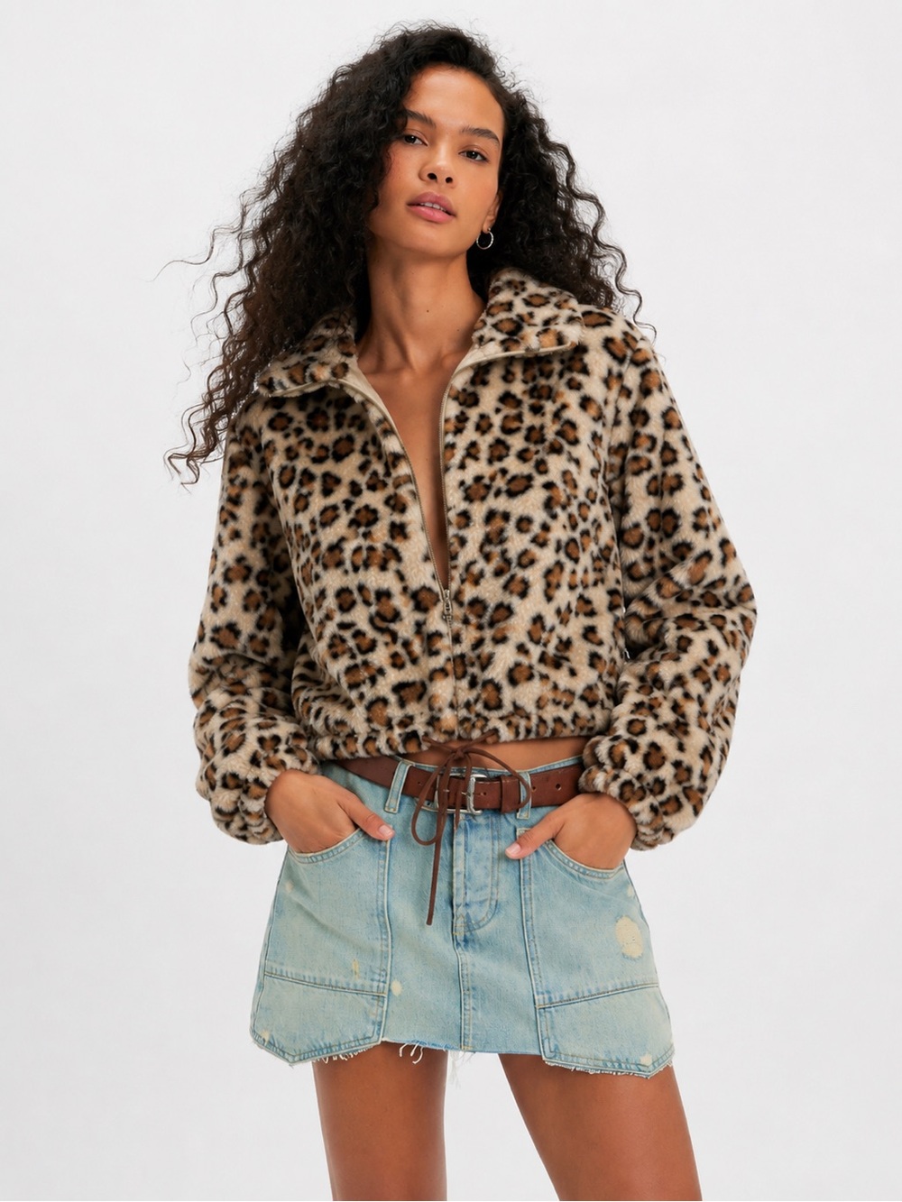 Know One Cares Leopard Print Teddy Jacket Cropped Faux Fur Coat Women Medium NWT